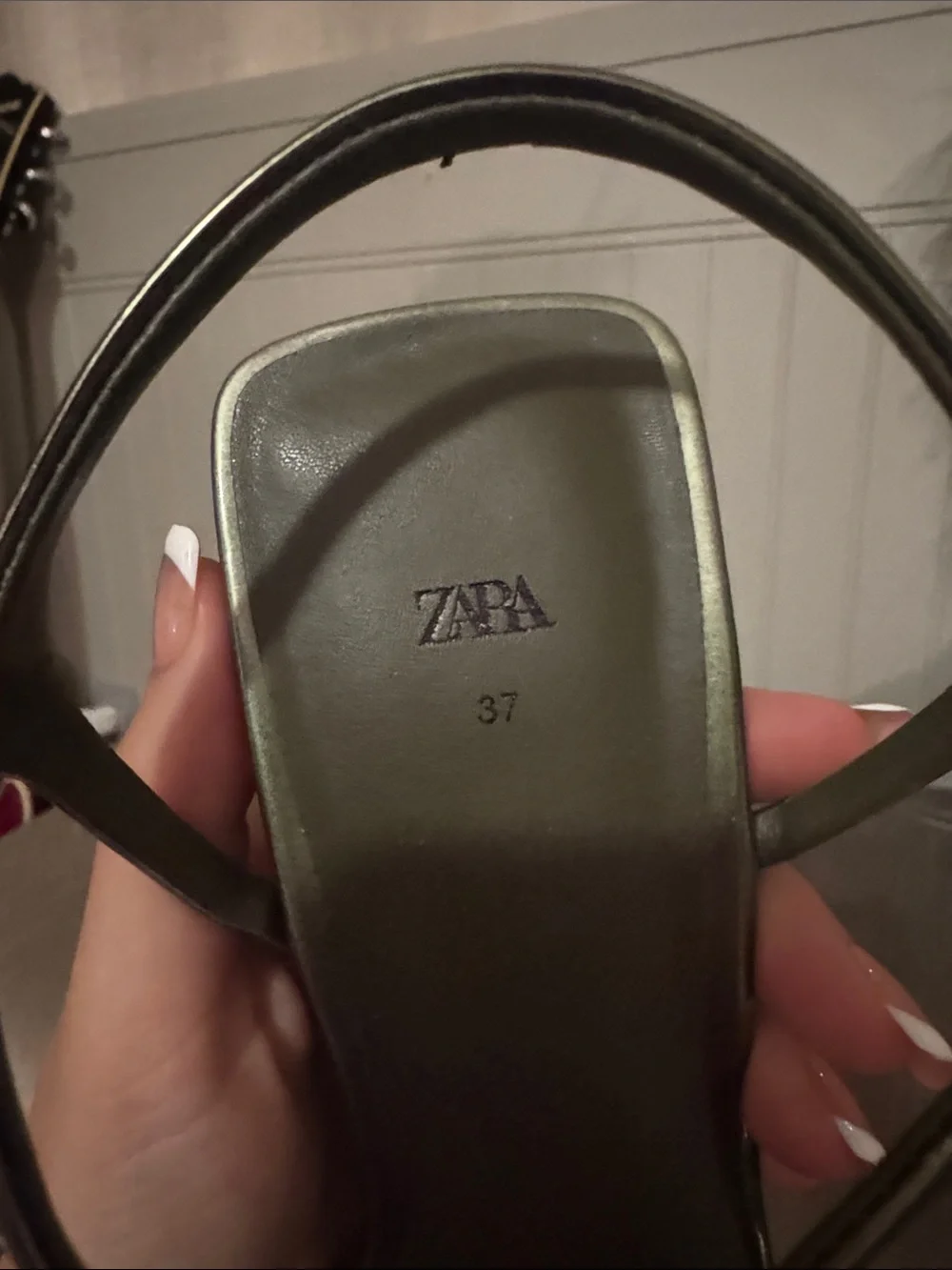 Zara Metallic Olive Green Square Toe Block Heel Sandals - Picture 6 of 6